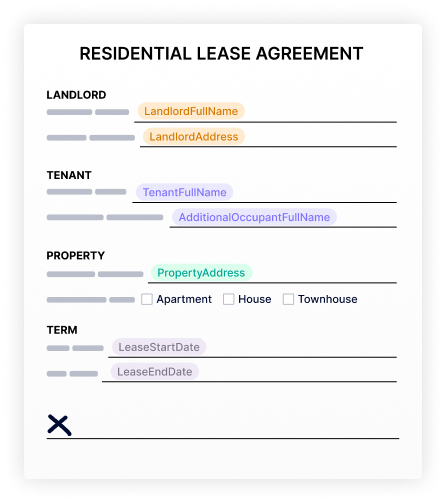 Smart lease agreement software automatically filling residential rental forms with tenant data and property details using Leasey.AI's document automation features