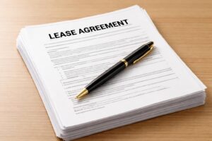 A neat stack of printed lease templates with a black pen resting on top