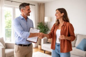 A landlord shaking hands with a new tenant after signing a lease, both smiling, natural indoor lighting, realistic photography style.