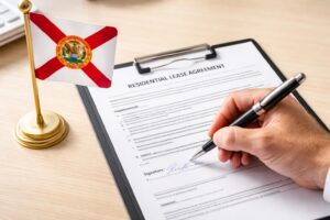A close-up of a hand signing a residential lease document next to a small Florida state flag on the desk, clean modern photography style.