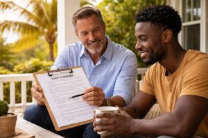 A landlord and tenant reviewing a printed lease agreement outdoors on a porch with palm trees in the background, warm sunny lighting, realistic photography style.