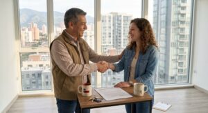 Landlord and tenant signing a month-to-month lease agreement template