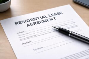 A close-up of a printed residential lease agreement template on a desk with a pen resting on the signature line, clean modern photography style.