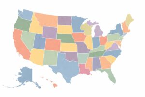 A clean, minimalist United States map illustration with each state shaded a slightly different color to represent varying rental laws, flat design style.