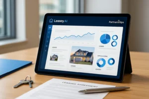 Abstract AI network visualization representing Leasey.AI joining the AIP Affiliate Network for real estate automation